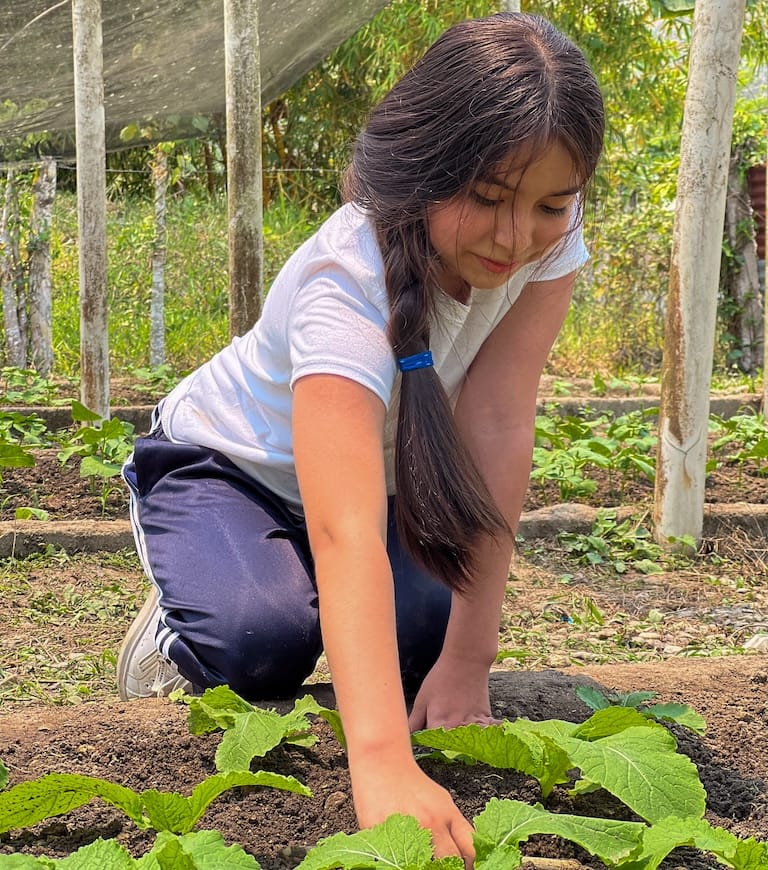 Una niña cultivando un huerto al aire libre en Sudamérica