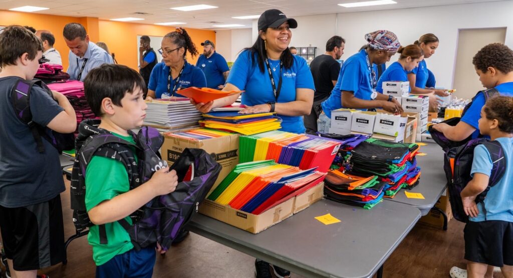 Voluntarios y niños en un acto de entrega de mochilas.