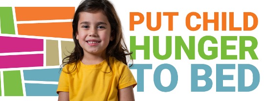Una imagen con el texto "Acabemos con el hambre infantil" y un niño junto al logotipo de Feed the Children.